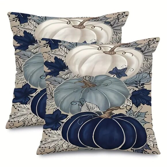 Contemporary Thanksgiving Fall Pillow Cases - Set of 2 - Blue Pumpkins - Picture 1 of 4